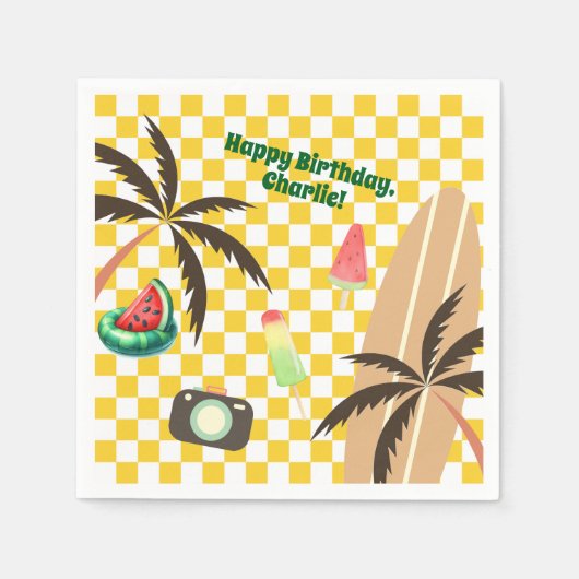 Palm Tree Surfboard Checkered Summer Party Serviette (Vorderseite)