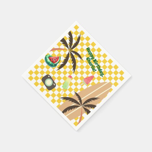 Palm Tree Surfboard Checkered Summer Party Serviette (Ecke)
