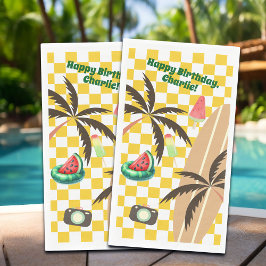 Palm Tree Surfboard Checkered Summer Party Serviette