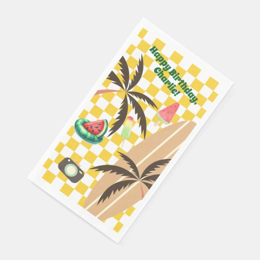 Palm Tree Surfboard Checkered Summer Party Serviette (Ecke)
