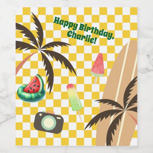 Palm Tree Surfboard Checkered Summer Party Weinetikett (Einzelnes Label)