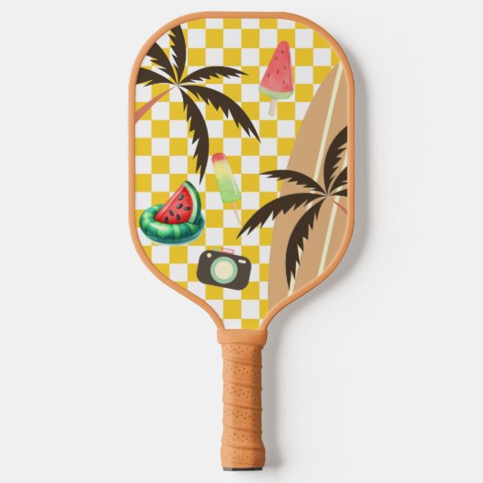 Palm Tree Surfboard Checkered Summer Pickleball Schläger (Vorderseite)