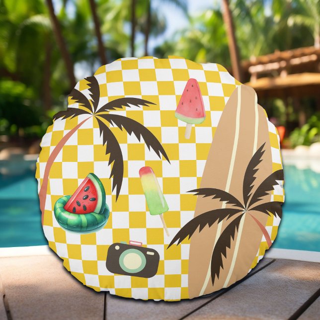 Palm Tree Surfboard Checkered Summer Rundes Kissen (Von Creator hochgeladen)