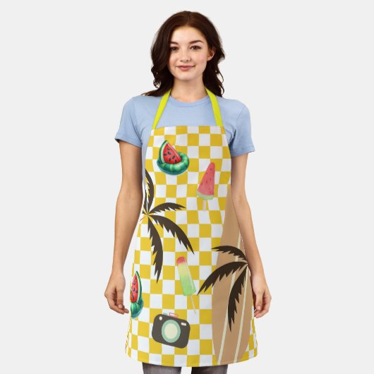 Palm Tree Surfboard Checkered Summer Schürze (Getragen)
