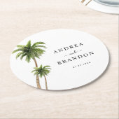 Palm Tree Tropical Beach Coast Hochzeit in Urlaubs Runder Pappuntersetzer (Angewinkelt)