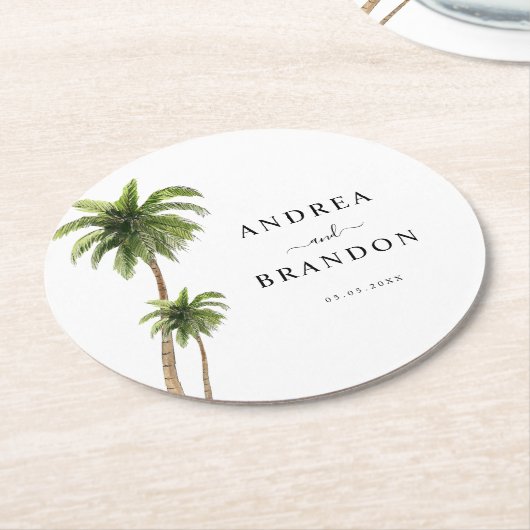 Palm Tree Tropical Beach Coast Hochzeit in Urlaubs Runder Pappuntersetzer (Angewinkelt)