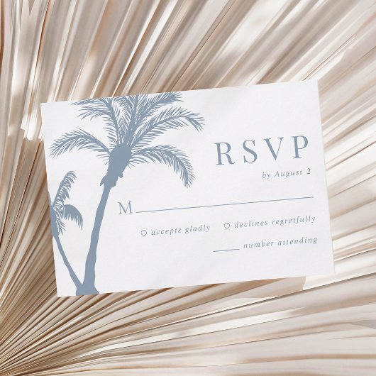 Palm Tree Tropical Beach Dusty Blue Wedding RSVP Karte