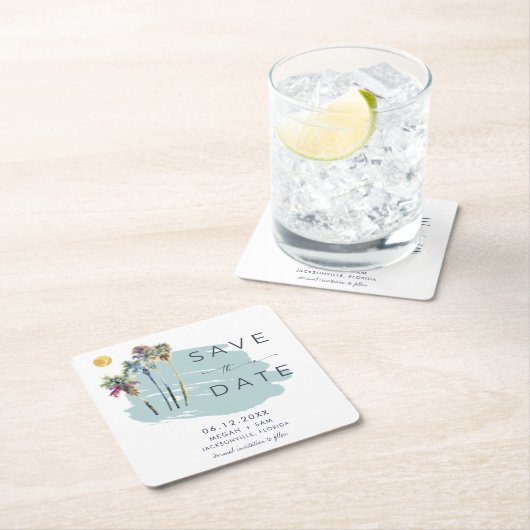 Palm Tree Tropical Beach Hochzeit Save the Date Rechteckiger Pappuntersetzer (Vor Ort)