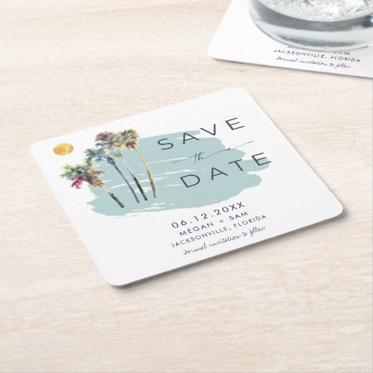 Palm Tree Tropical Beach Hochzeit Save the Date Rechteckiger Pappuntersetzer (angewinkelt)