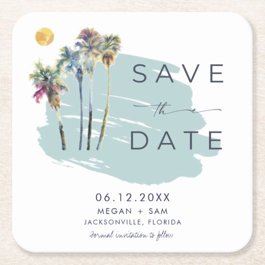 Palm Tree Tropical Beach Hochzeit Save the Date Rechteckiger Pappuntersetzer (Vorderseite)