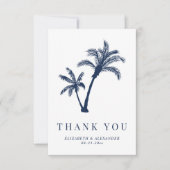 Palm Tree Tropical Beach Navy Blue Wedding Dankeskarte (Vorderseite)