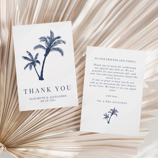 Palm Tree Tropical Beach Navy Blue Wedding Dankeskarte