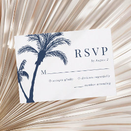 Palm Tree Tropical Beach Navy Blue Wedding RSVP Karte