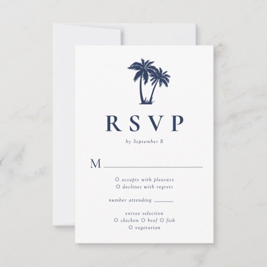 Palm Tree Tropical Beach Navy RSVP Karte (Vorderseite)
