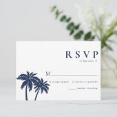 Palm Tree Tropical Beach Navy Wedding RSVP Card (Stehend Vorderseite)