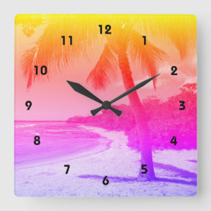Palm Tree Tropical Beach Orange Pink Lila Ombre Quadratische Wanduhr