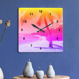 Palm Tree Tropical Beach Orange Pink Lila Ombre Quadratische Wanduhr
