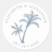 Palm Tree Tropical Beach Wedding Dusty Blue Runder Aufkleber (Vorderseite)