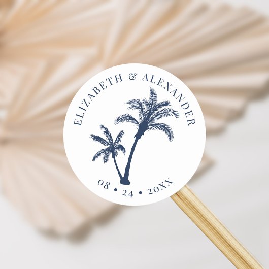 Palm Tree Tropical Beach Wedding Navy Blue Runder Aufkleber