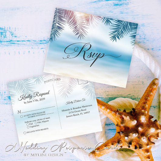 Palm Tree Tropical Island Beach Wedding RSVP Card Postkarte