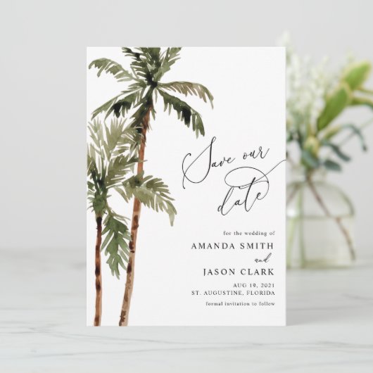 Palm Tree Tropical Island Minimal Beach Rett The D Save The Date (Stehend Vorderseite)