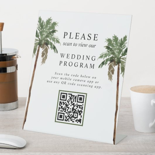 Palm Tree Tropical Island QR Code Wedding Program Sockelschild (In Situ)