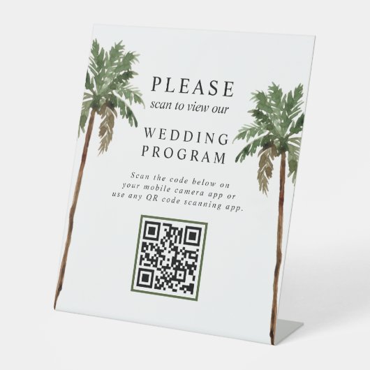 Palm Tree Tropical Island QR Code Wedding Program Sockelschild (Vorderseite)