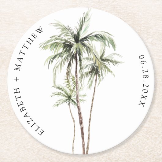 Palm Tree Tropical | Minimale Hochzeit Runder Pappuntersetzer (Vorderseite)
