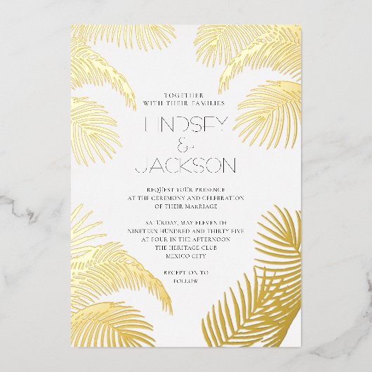 Palm Tree Tropical Minimalistisch Beach Wedding Go Folieneinladung (Vorderseite)