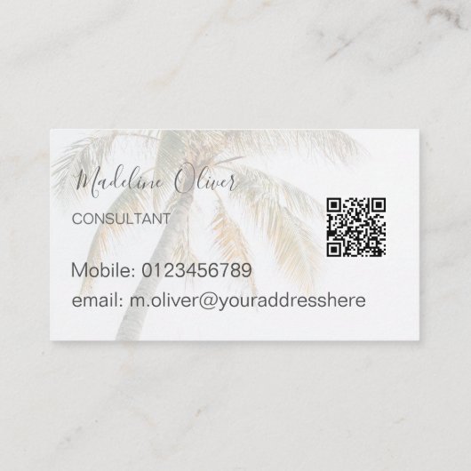 Palm Tree Tropical Modern QR Code Visitenkarte (Rückseite)