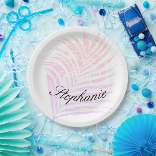 Palm Tree Tropical Pink Patterns Individuelle Name Pappteller (Party)