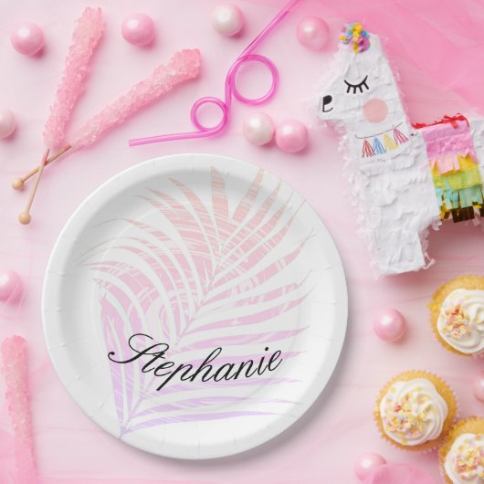 Palm Tree Tropical Pink Patterns Individuelle Name Pappteller (Party)