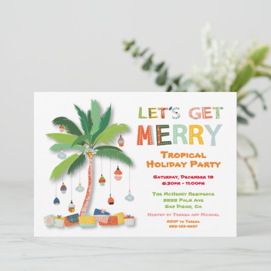 Palm Tree Tropical Retro Feiertag Einladung (Stehend Vorderseite)