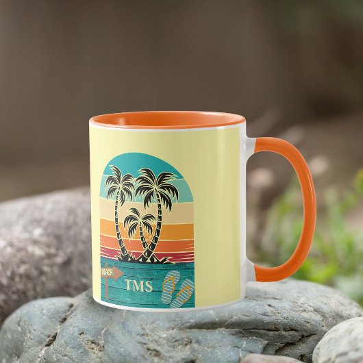 Palm Tree Tropical Retro Sunset FlipFlops Monogram Tasse