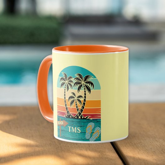 Palm Tree Tropical Retro Sunset FlipFlops Monogram Tasse