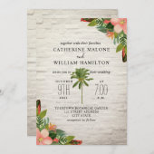 Palm Tree Tropical White Brick Wedding Einladung (Vorne/Hinten)