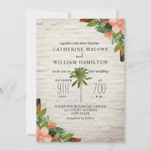 Palm Tree Tropical White Brick Wedding Einladung