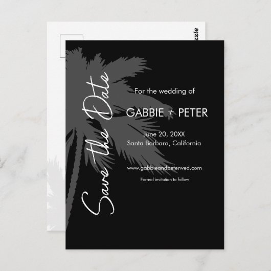 Palm Tree Typografie Save the Date Schwarz-weiß Postkarte (Vorne/Hinten)