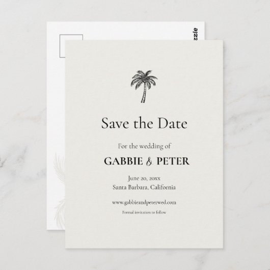 Palm Tree Typografy Clean Elegant Save the Date Postkarte (Vorne/Hinten)