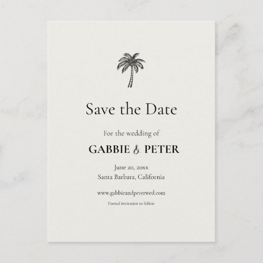 Palm Tree Typografy Clean Elegant Save the Date Postkarte (Vorderseite)