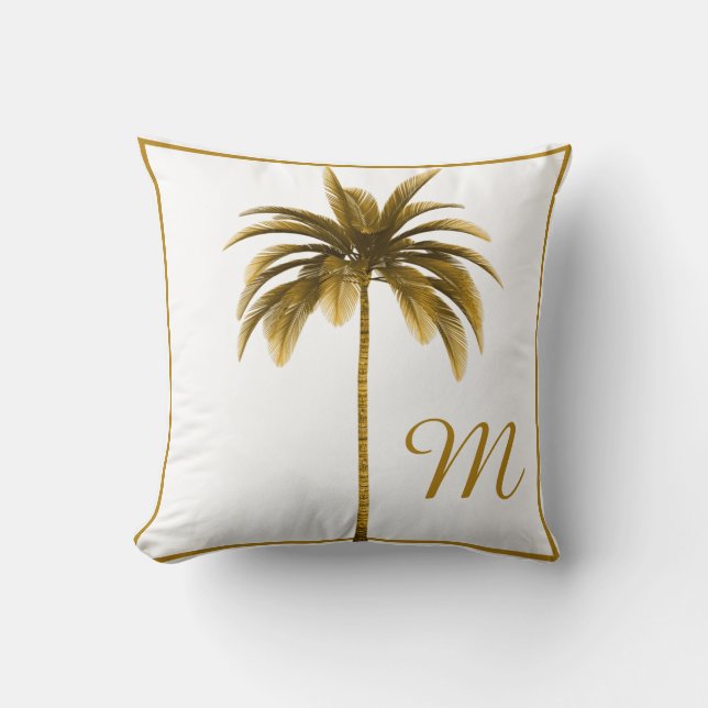 Palm Tree Vintag braunes tropisches Monogramm Kissen (Vorderseite)