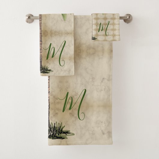 Palm Tree Vintag Tropical Elegant Monogram Badhandtuch Set (Insitu)