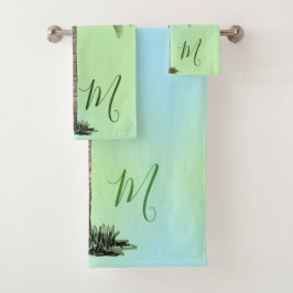 Palm Tree Vintag Tropical Elegant Monogram Green Badhandtuch Set