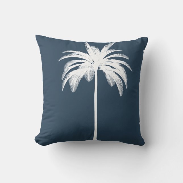 Palm Tree Vintag White Blue Tropical Elegante Kissen (Vorderseite)