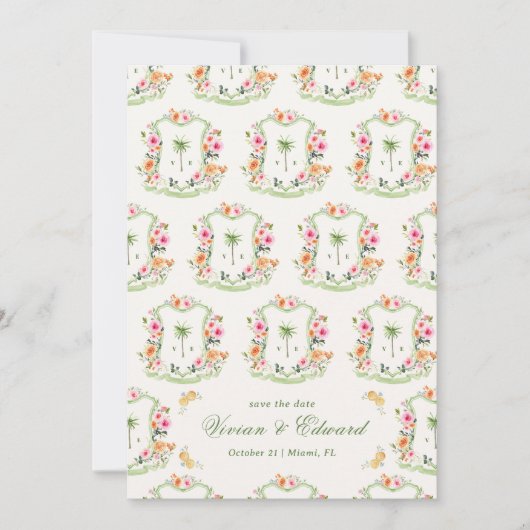 Palm Tree Wappen Monogram Summer Boho Beach Weddin Save The Date (Vorderseite)