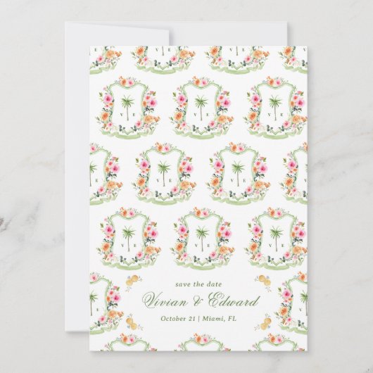 Palm Tree Wappen Monogram Summer Boho Beach Weddin Save The Date (Vorderseite)