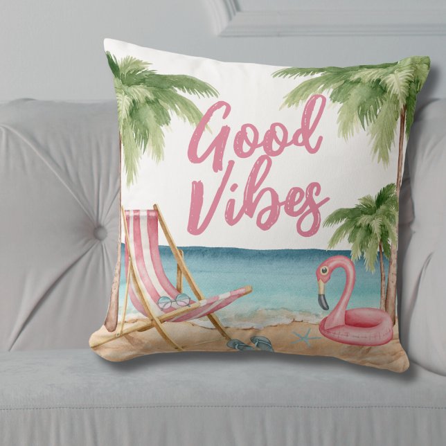 Palm Tree Watercolor Beach Kissen (Colorful Good Vibes Palm Tree Watercolor Beach Throw Pillow)