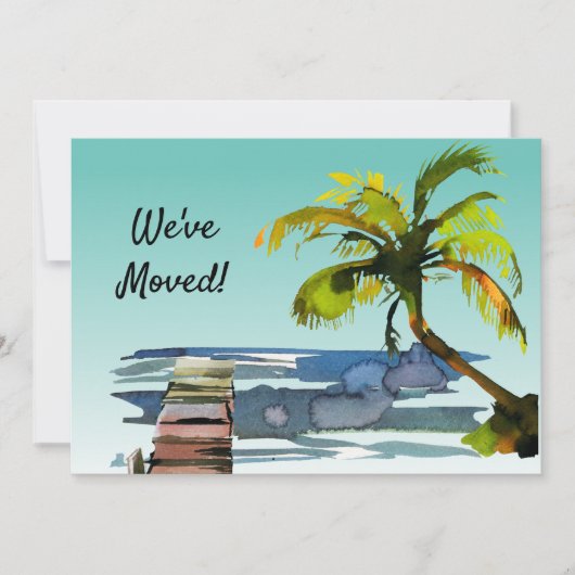 Palm Tree Waterfront Dock Aqua New Zuhause Moving Ankündigung (Vorderseite)