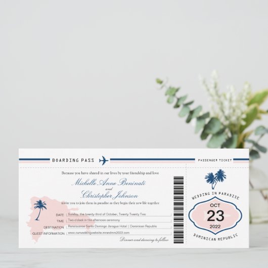 Palm Tree Wedding Boarding Pass Einladung (Stehend Vorderseite)