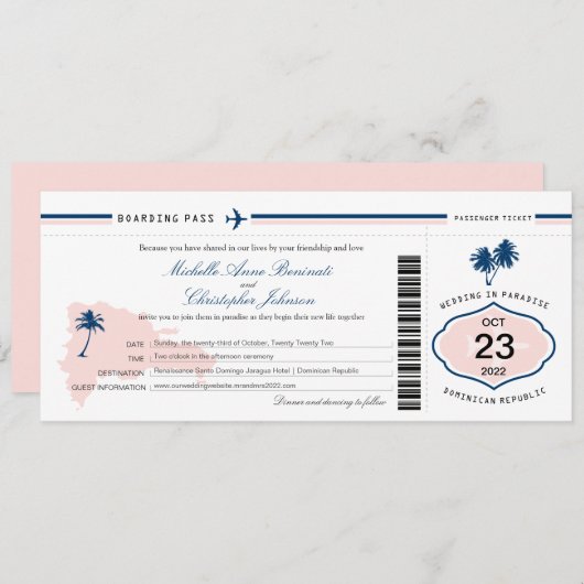 Palm Tree Wedding Boarding Pass Einladung (Vorne/Hinten)